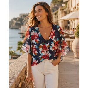 Crosby by Mollie Burch Jamie Floral Blouse Navy Kimono Sleeve Top S